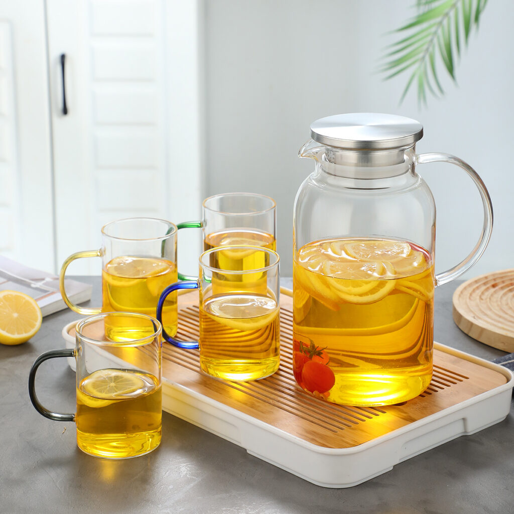 Heat-resistant Glass Tea Set, 1 Pot With 4 Colored Glass Cups