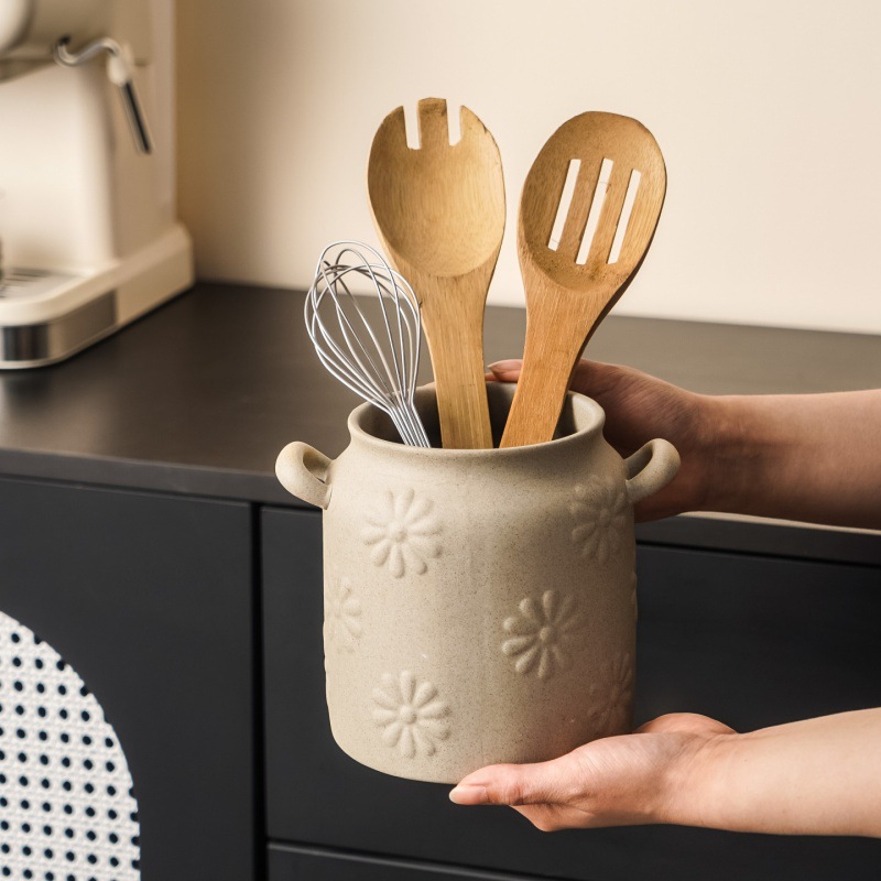 Daisy Stoneware Ceramic Storage Jar Cutlery Organizer - Image 3