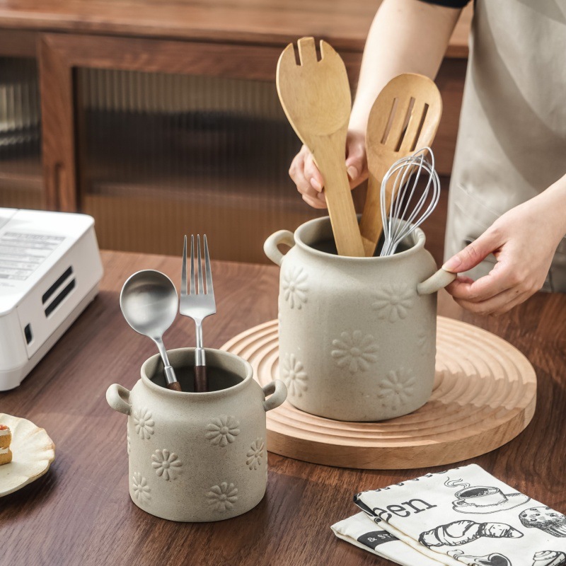 Daisy Stoneware Ceramic Storage Jar Cutlery Organizer